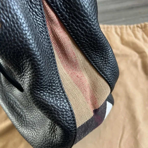 BURBERRY Maidstone Black Leather House Check Canvas Small Tote Bag - Picture 6 of 14